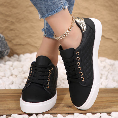 Chaussures plates décontractées à lacets et bout rond pour femmes, couleur unie