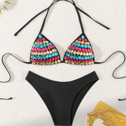Women Summer Vacation Strap Triangle Sexy Rhinestone Bikini Set