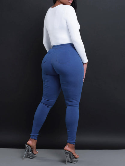 Women Fashion Solid Color Mid-Waist Tight Jeans