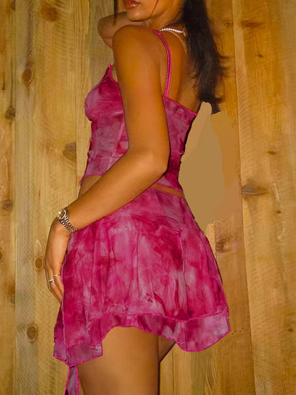 Women Fashion Sexy Tie-Dye Mesh Camisole Skirt Set