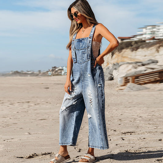 Autumn Cotton Denim Ripped Sleeveless Jumpsuit with High Waist