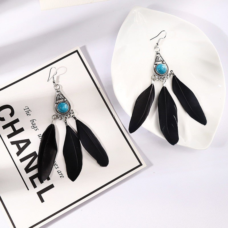 Boucles d'oreilles pendantes en plumes turquoise style bohème vintage pour femme