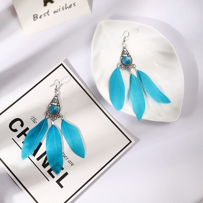 Boucles d'oreilles pendantes en plumes turquoise style bohème vintage pour femme
