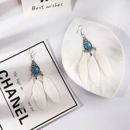 Boucles d'oreilles pendantes en plumes turquoise style bohème vintage pour femme