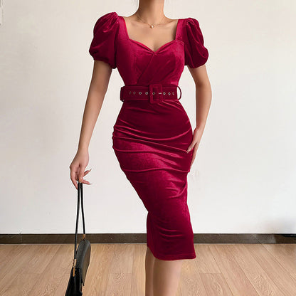 Robe mi-longue élégante en velours de couleur unie pour femme