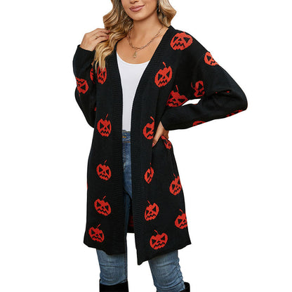 Pull cardigan jacquard citrouille d'Halloween pour femme