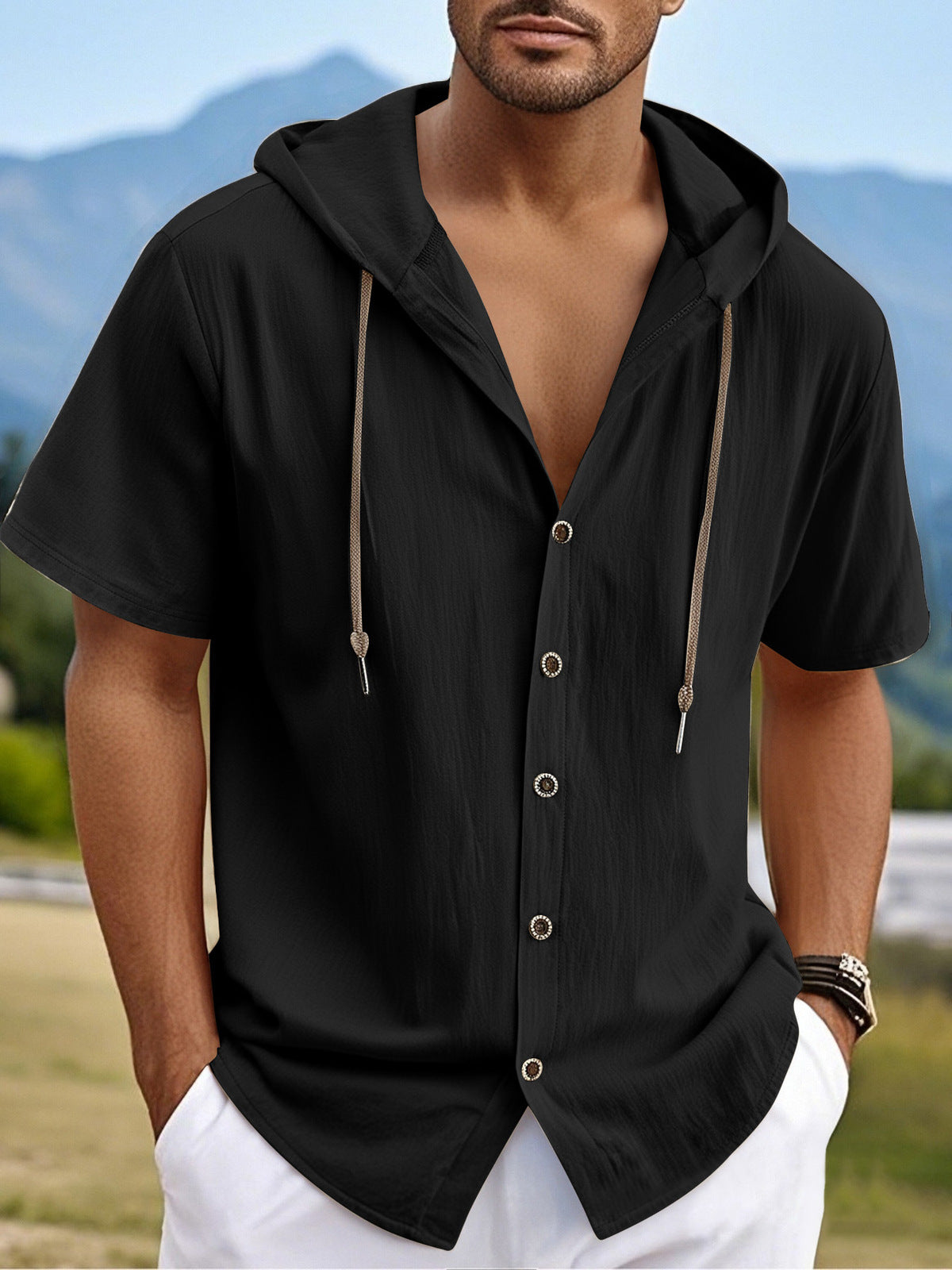 Sudadera con capucha informal de algodón y lino de manga corta para hombre, tendencia que combina con todo.