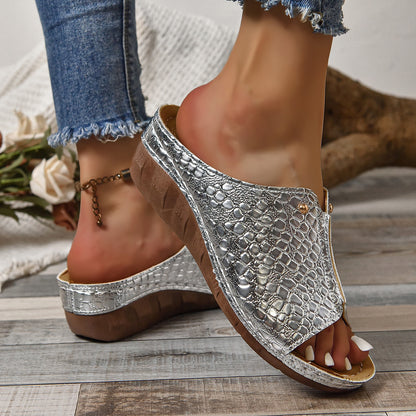 Pantuflas peep-toe de piel sintética con diseño de cocodrilo de color liso para mujer