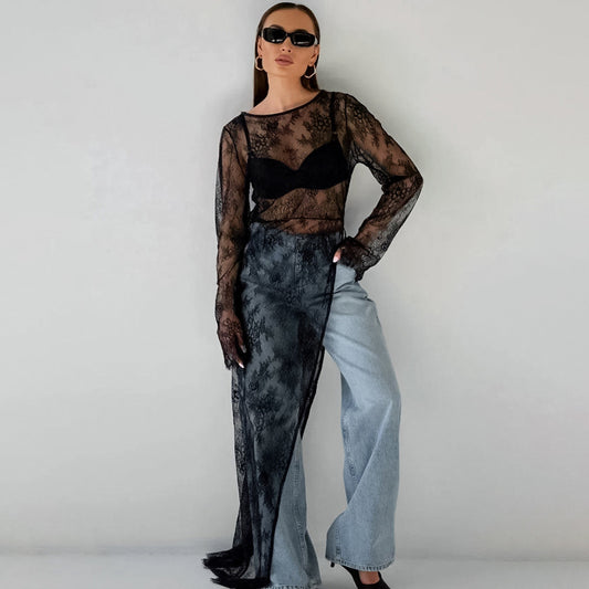 Women Fashion Sexy Perspective Lace Long Sleeve Dress